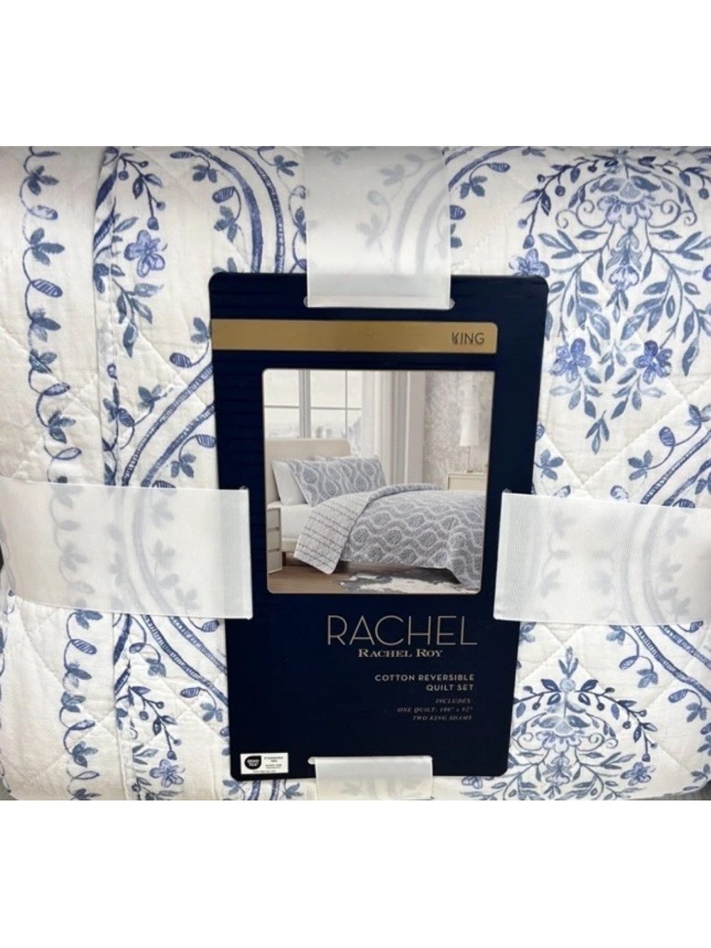 Rachel Roy Blue and White Floral Reversible King Cotton Quilt Set 106”x92”